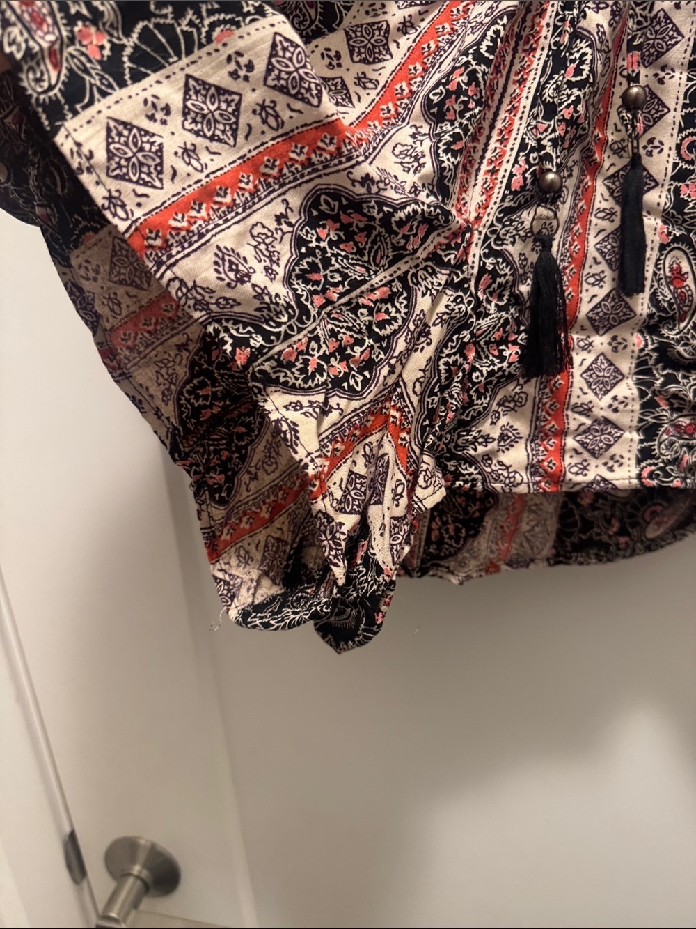 Angie Black Paisley Small V-Neck Romper with Cream & Red Trim and Cinched Waist - Picture 5 of 6